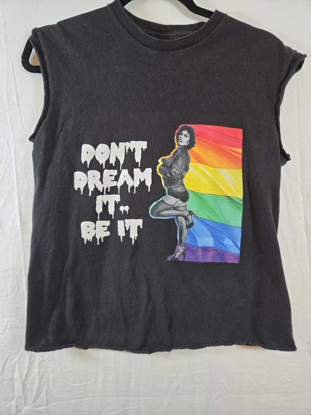 ROCKY HORROR cult Classic Black Sleeveless Tee with Rainbow Flag Print
